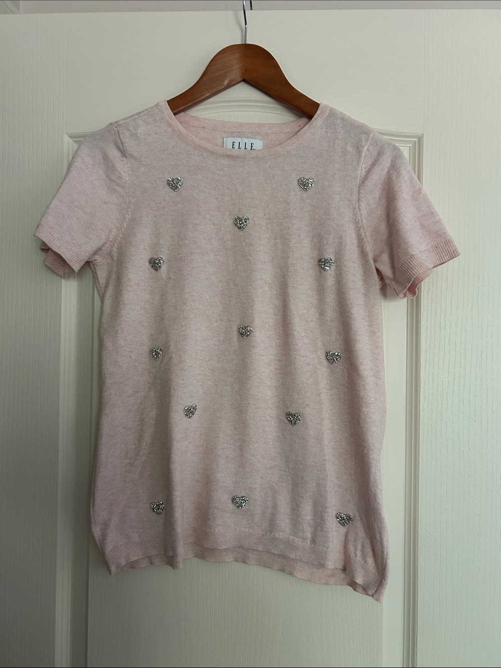 Elle Heathered Pale Pink Short Sleeve Knit Sweater with Heart Rhinestones